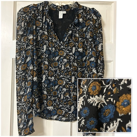 Joie Swiss Dot Dark Floral Print Ruffled Split Tie Neck Blouse Lined Size Small - Picture 1 of 12